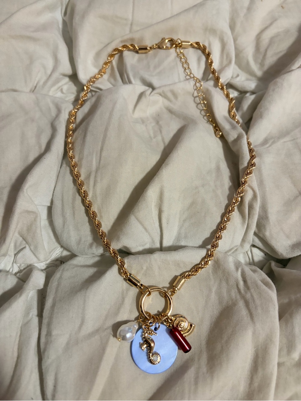 Gold Tone Seahorse Oyster Shell Charm Necklace Coastal Aesthetic